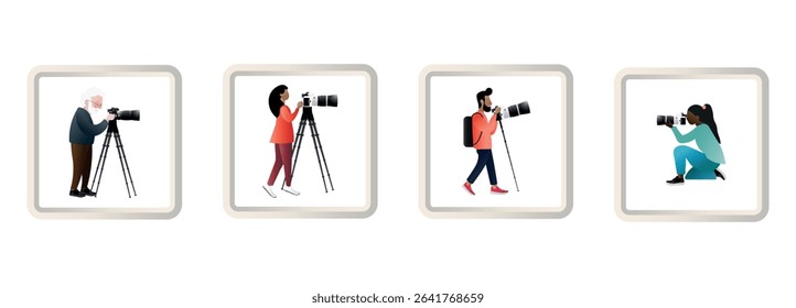 Four photographers are using professional cameras and tripods, capturing images in diverse settings, showcasing their passion and expertise in photography