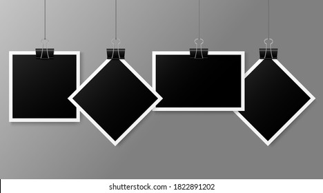four photos on rope with metal clips, editable vector illustration