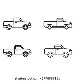 Four pickup trucks in different angles and positions simple line drawings of vehicles with open cargo beds and various wheelbase lengths