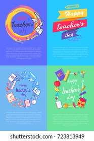 Four pics teachers day celebration theme, circles and titles inside, ribbons and text sample vector illustration on blue and green backgrounds