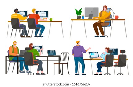 Four picture of team working process. Manager speak with office worker, men and women work on laptops and computers. Colleagues and teammates talking about work. Vector illustration of coworking