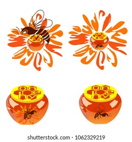 Four pictures with bees and jars with honey, the color vector image on a white background