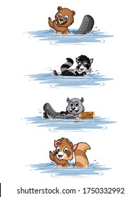 four pictures of cute bathing animals, suitable for story books and other children's books, can also be for banners, web banners, or brochures or for promotional products
