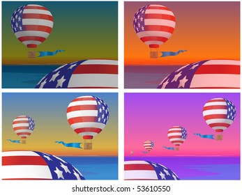 Four pictures with the image of flying balloons against a sea landscape at various times days