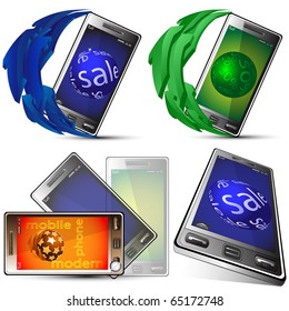 Four pictures with the image of mobile phones in various variants on a pure background