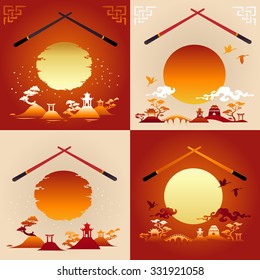 Four pictures with Japanese traditional landscape.