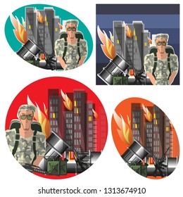 Four pictures on the theme of war. Soldier on the background of burning buildings. Vector set