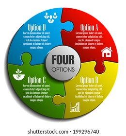 Four Piece Flat Puzzle Round Infographic Presentation. 4 Step Circle Business Diagram. Four Section Compare Service Banner. Vector Illustration Template Shape . 3d Abstract Background