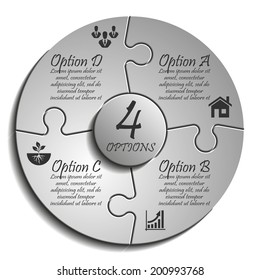 Four piece flat puzzle round infographic presentation. 4 step circle business diagram. Four section compare service banner. Vector illustration template shape . 3d Abstract Background