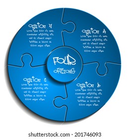 Four piece flat puzzle round infographic presentation. 4 step circle business diagram. Four section compare service banner. Vector illustration template shape . 3d Abstract Background