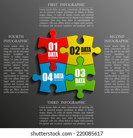 Four piece flat puzzle round infographic presentation. 4 step circle business diagram. Four section compare service banner. Vector illustration template shape . 3d Abstract Background