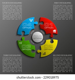 Four piece flat puzzle round infographic presentation. 4 step circle business diagram. Four section compare service banner. Vector illustration template shape . 3d Abstract Background