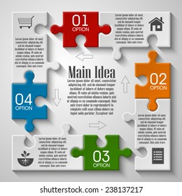 Four piece flat puzzle round infographic presentation. 4 step circle business diagram. Four section compare service banner. Vector illustration template shape . 3d Abstract Background