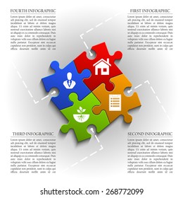 Four piece flat puzzle round infographic presentation. 4 step circle business diagram. Four section compare service banner. Vector illustration template shape . 3d Abstract Background