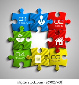 Four piece flat puzzle round infographic presentation. 4 step circle business diagram. Four section compare service banner. Vector illustration template shape . 3d Abstract Background