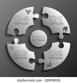 Four piece flat puzzle round infographic presentation. 4 step circle business diagram. Four section compare service banner. Vector illustration template shape . 3d Abstract Background