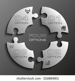 Four piece flat puzzle round infographic presentation. 4 step circle business diagram. Four section compare service banner. Vector illustration template shape . 3d Abstract Background