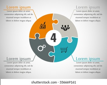 Vierteilige flache Puzzle rund Infografik-Präsentation. 4-Stufen-Geschäftsdiagramm. Vier Abschnitte vergleichen Service-Banner. Vektorgrafik-Vorlagenform. 3d abstrakter Hintergrund