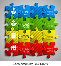 Four piece flat puzzle round infographic presentation. 4 step circle business diagram. Four section compare service banner. Vector illustration template shape . 3d Abstract Background