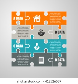 Four piece flat puzzle round infographic presentation. 4 step circle business diagram. Four section compare service banner. Vector illustration template shape . 3d Abstract Background