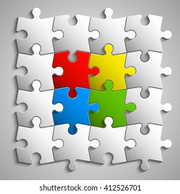 Four piece flat puzzle round infographic presentation. 4 step circle business diagram. Four section compare service banner. Vector illustration template shape . 3d Abstract Background