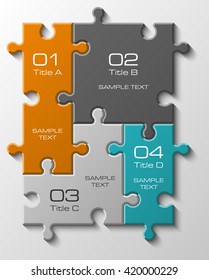 Four piece flat puzzle round infographic presentation. 4 step circle business diagram. Four section compare service banner. Vector illustration template shape . 3d Abstract Background