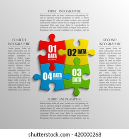 Four piece flat puzzle round infographic presentation. 4 step circle business diagram. Four section compare service banner. Vector illustration template shape . 3d Abstract Background