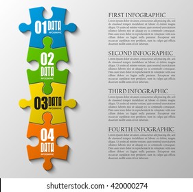 Apresentação infográfica em forma de quebra-cabeça de quatro peças planas. Diagrama de negócios em círculo de 4 etapas. Quatro seções comparam o banner de serviço. Forma de modelo de ilustração vetorial . Plano de fundo abstrato 3d