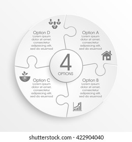 Four piece flat puzzle round infographic presentation. 4 step circle business diagram. Four section compare service banner. Vector illustration template shape . 3d Abstract Background