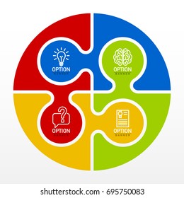 Four piece flat puzzle round infographic presentation. 4 step circle business diagram. Four section compare service banner. Vector illustration template shape . 