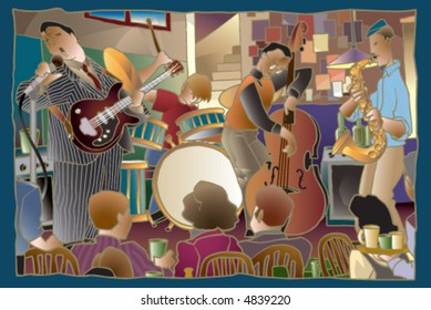 Four Piece Jazz Combo On Stage In A Nightclub.