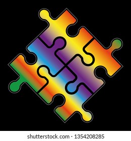 Four piece puzzle. 4 step process diagram. Four section. Square schedule diagram. Isolated, black. Vector