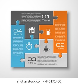 Four piece puzzle business presentation. Circle infograph. 4 step process diagram. Four section compare banner. Square schedule diagram