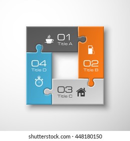 Four piece puzzle business presentation. Circle infograph. 4 step process diagram. Four section compare banner. Square schedule diagram