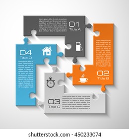 Four piece puzzle business presentation. Circle infograph. 4 step process diagram. Four section compare banner. Square schedule diagram