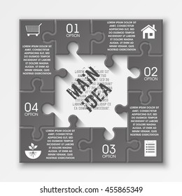Four piece puzzle business presentation. Circle infograph. 4 step process diagram. Four section compare banner. Square schedule diagram