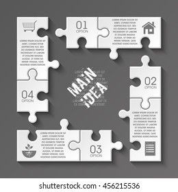Four piece puzzle business presentation. Circle infograph. 4 step process diagram. Four section compare banner. Square schedule diagram