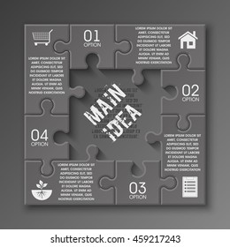 Four piece puzzle business presentation. Circle infograph. 4 step process diagram. Four section compare banner. Square schedule diagram