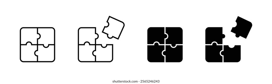 Four piece of puzzles icon. Jigsaw outline templates. Four pieces puzzle or teamwork concept Filled and outlined. Business concept, idea, strategy. Vector icons in flat style