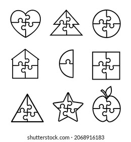 Se ponen rompecabezas de cuatro piezas. Luna, casa, abeto, triángulo, cuadrilátero, manzana, estrella, logotipo de sierra de jigsota lineal circular, diseño de juego o emblema. Concepto de solución. Diseño moderno. ilustración de vector de esquema