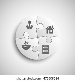 Four piece round puzzle business presentation. Circle infograph. 4 step process diagram. Four section compare banner. Round schedule diagram
