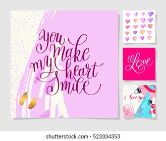 four pieces blank sheet of square paper with handwritten lettering you make my heart smile, i love you and watercolor heart shape pattern to valentines day design set, calligraphy vector illustration