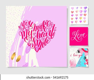 four pieces blank sheet of square paper with handwritten lettering and watercolor heart shape to valentines day design set, calligraphy vector illustration