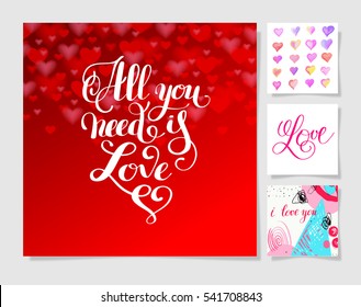 four pieces blank sheet of square paper with handwritten lettering and watercolor heart shape to valentines day design set, calligraphy vector illustration