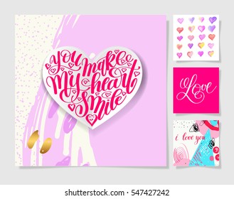 four pieces blank sheet of square paper with handwritten lettering and watercolor heart shape to valentines day design set, calligraphy vector illustration
