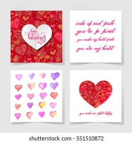 four pieces blank sheet of square paper with handwritten lettering and heart shape to valentines day design set, calligraphy vector illustration