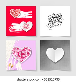 four pieces blank sheet of square paper with handwritten lettering and heart shape to valentines day design set, calligraphy vector illustration