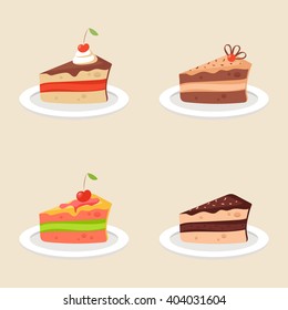 Four Pieces of Cakes with different Filling. Isolated Tasty Dessert