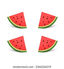 Four pieces cut sliced watermelon, clipart, vector, cartoon fresh green watermelon pieces, 4 pieces red watermelon on isolated background. vector, illustration