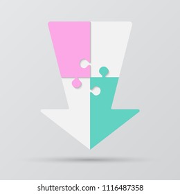 Four pieces puzzle arrow shape. Arrow business presentation infographic. 4 steps, parts, pieces of process diagram. Section compare banner. Jigsaw puzzle info graphic. Marketing strategy.